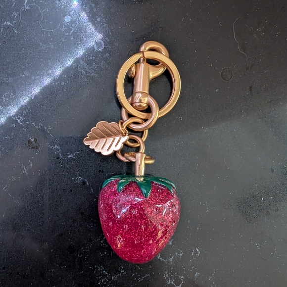 Handbags - Strawberry Sparkle Bag Charm  Keychain with Gold Accents & Leaf
